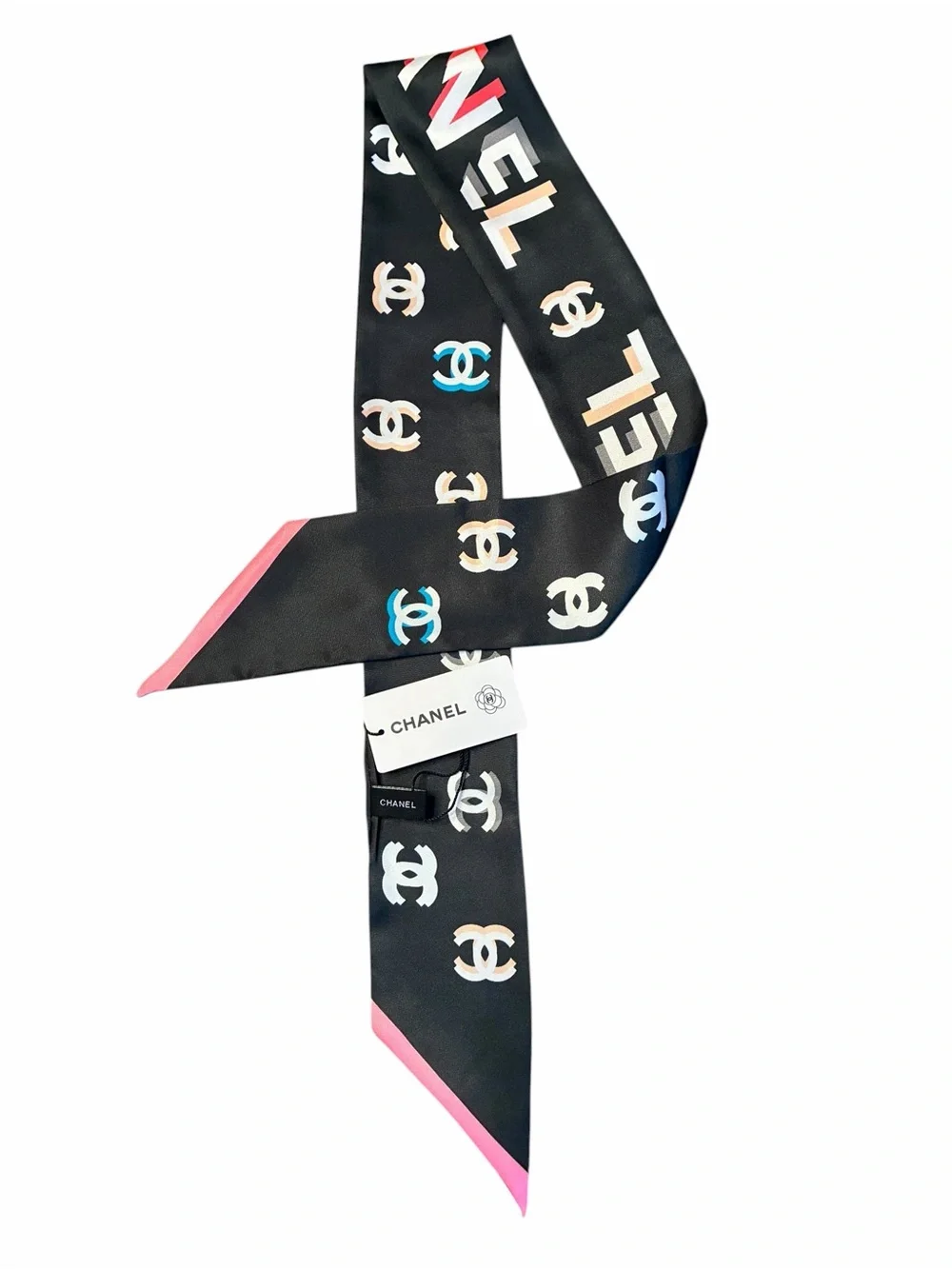 ChaneI. Multi Color Logo Spell-Out Twilly , Hair, Muffler Scarf 100% Silk